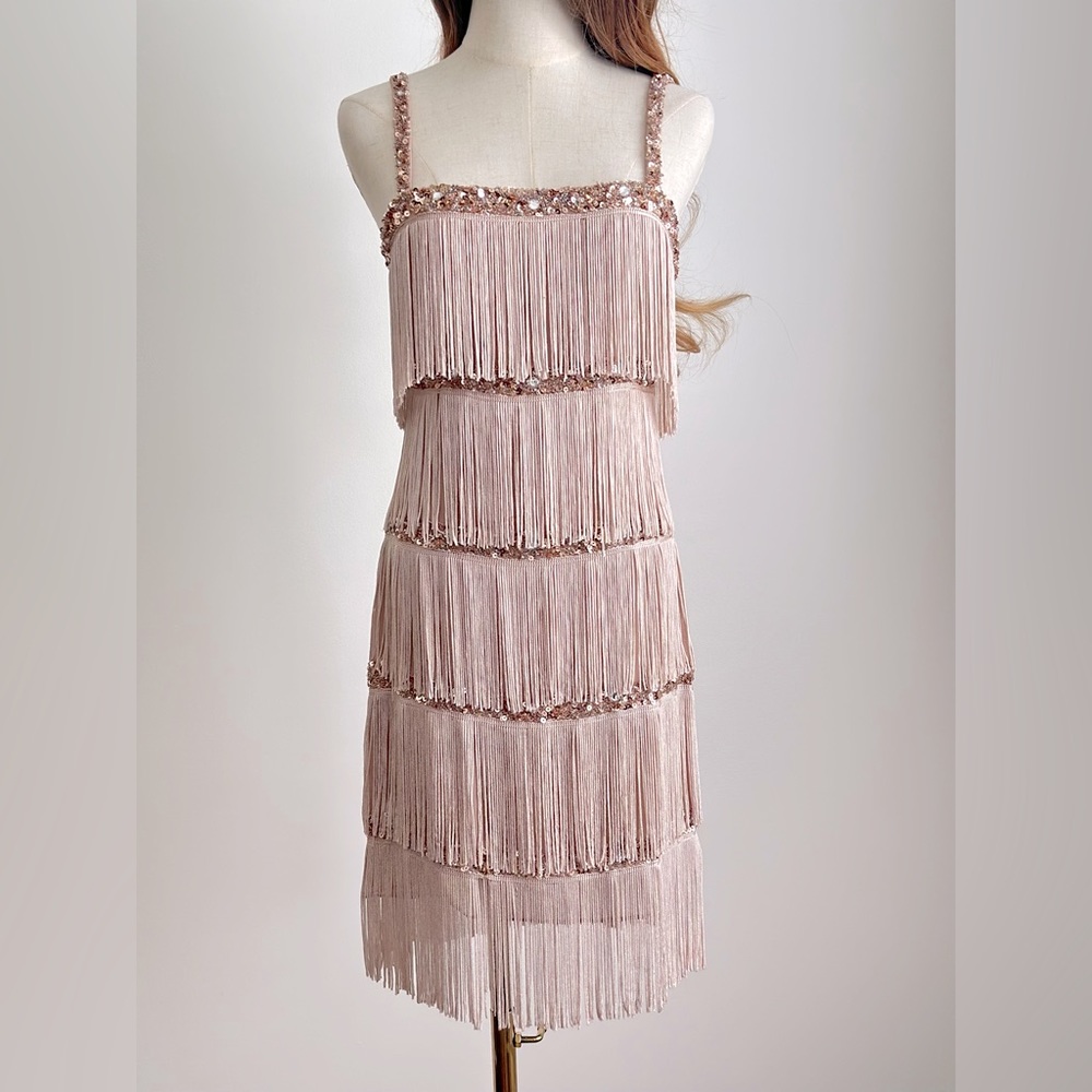 Aidan Mattox sequin fringe cocktail dress in Blush and Rose Gold